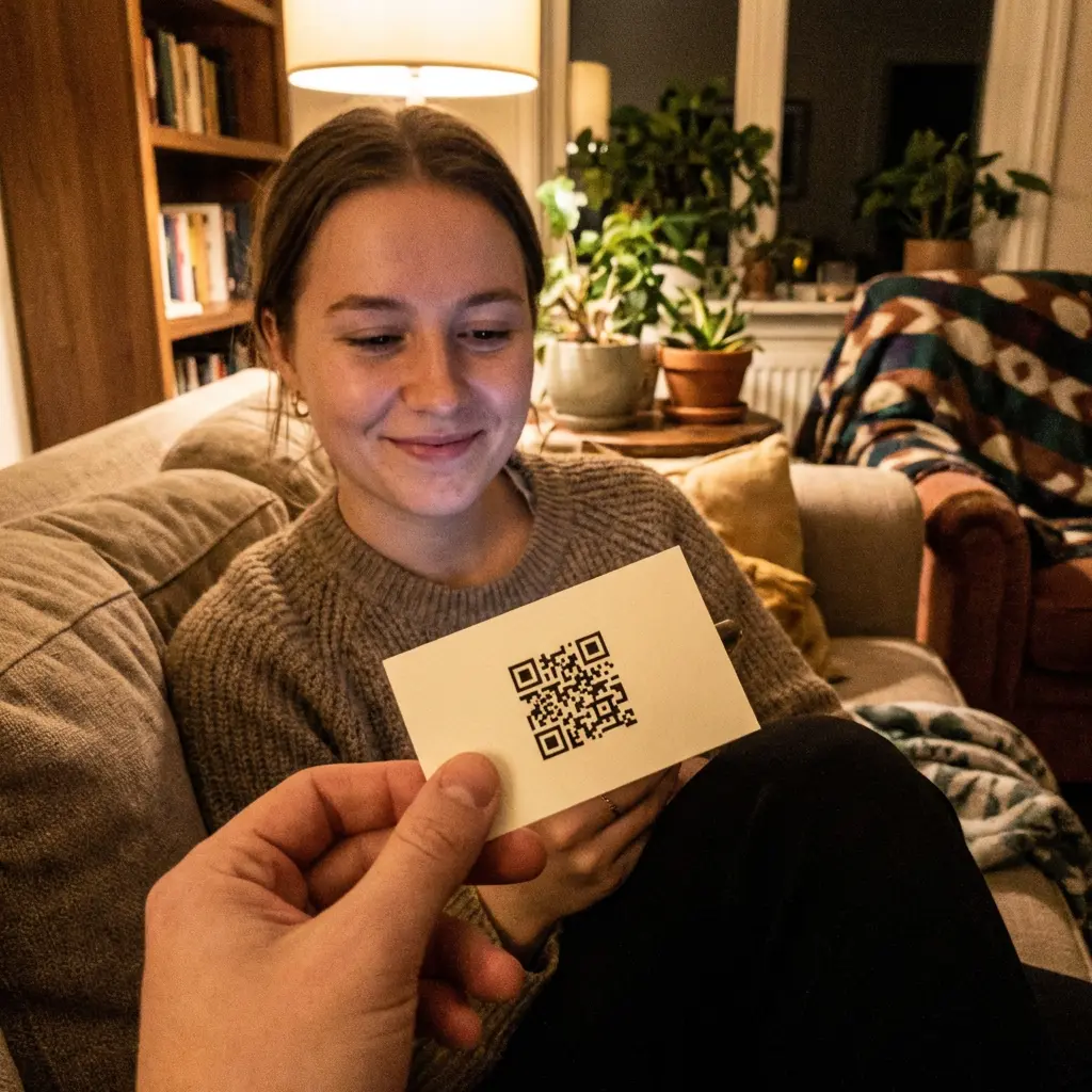 Mulher recebendo QR code de presente do namorado