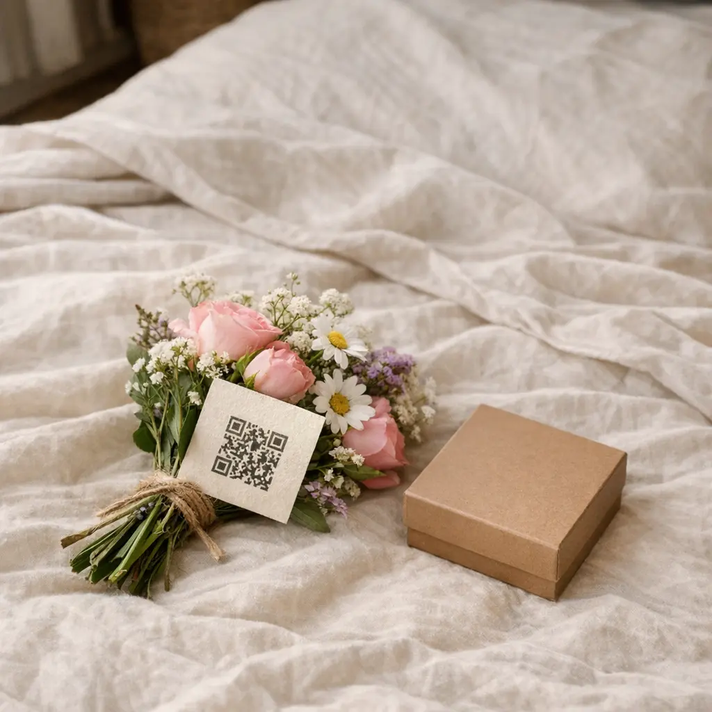 Casal em jantar romântico com QR code de presente personalizado